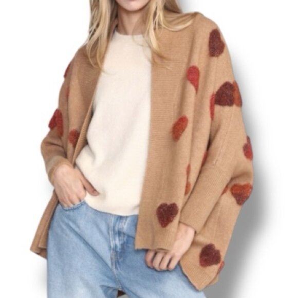 Look by M One Size Tan Wool Blend Cardigan w/Variegated 3D Heart Accents - Picture 5 of 10